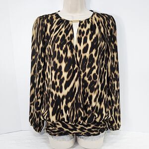 Michael Kors Leopard Print Gold Accent Blouson Top, Size Small